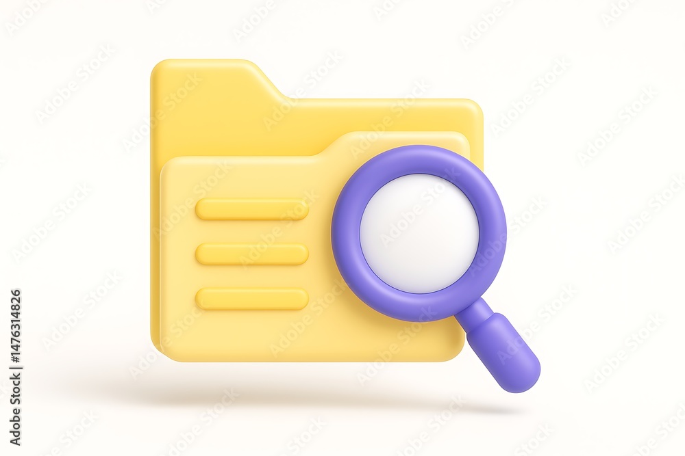 Poster 3d rendering of yellow file folder with purple magnifying glass symbolizing file search.
