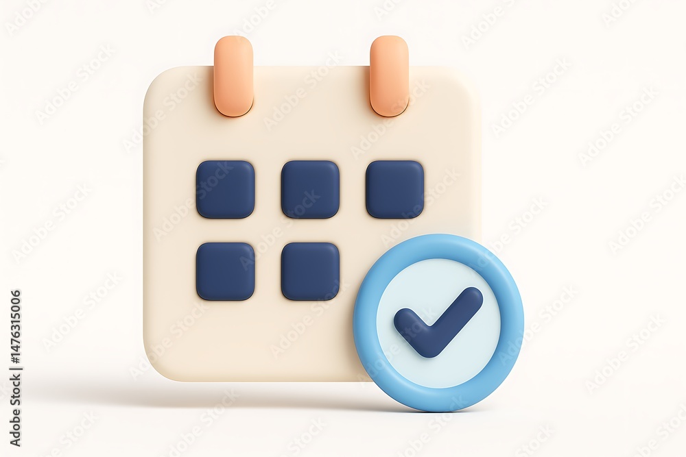 Poster 3d rendered calendar and checkmark icon representing planning, scheduling, and task completion in a 