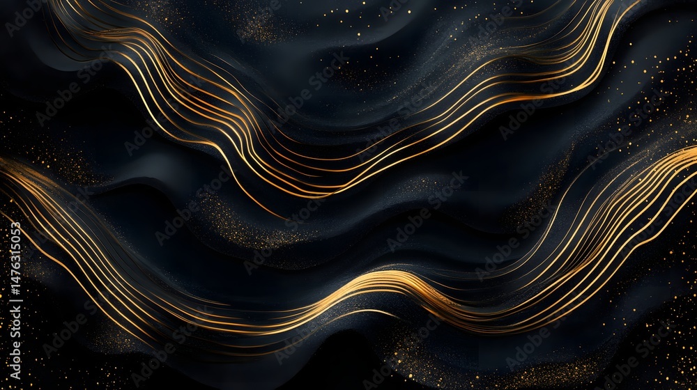 Poster abstract design of dark waves with golden lines.