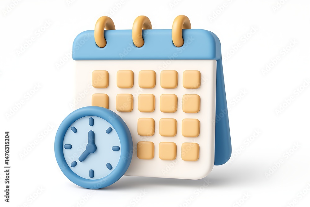 Fototapete 3d rendered calendar and clock icon on a white background illustrating time and schedule management