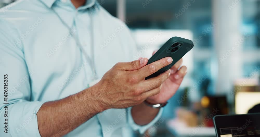 Poster Hands, man or coder with phone in office for software development, network or database update. Online, programmer or mobile app developer with AI design, creative or scroll email for business project