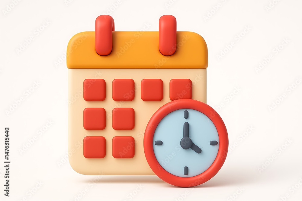 Poster cartoonish calendar and clock icons illustrating time management and scheduling concepts within a mi