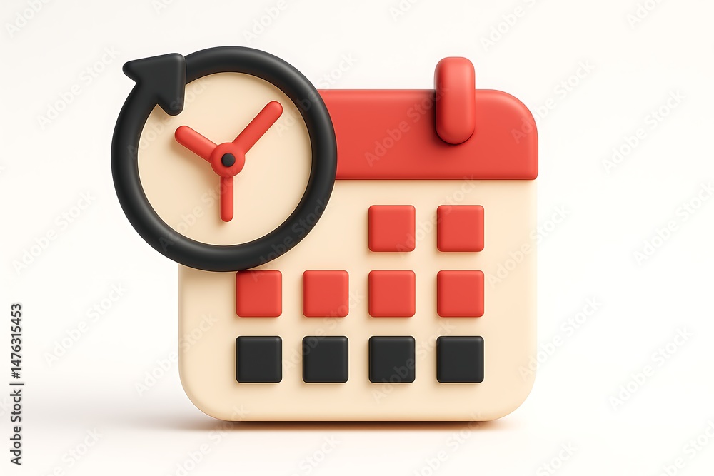 Poster cute 3d render of a calendar with clock icon to symbolize time management and deadlines