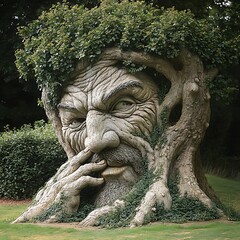 A massive tree with the face of an old man carved into its trunk with long arms and fingers that protrude from its mouth like trees in English countrysides The creature is covered by dense foliage