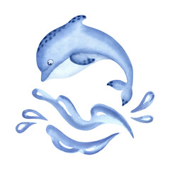 Obraz premium Blue dolphin jumping on sea waves cute character watercolor illustration for baby design. Undersea wild animal isolated. Hand drawn underwater inhabitant of ocean. Marine mammal in kids sketch style.