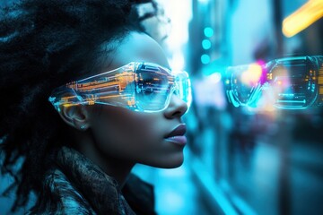 Woman with futuristic glasses in urban setting.