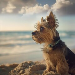 A small, fluffy dog sits on a sandy beach, gazing out at the ocean under a cloudy sky.