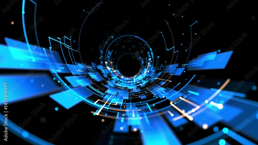 Poster abstract glowing blue tech tunnel with digital lines and floating data elements, perfect for technol