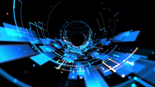 Abstract glowing blue tech tunnel with digital lines and floating data elements, perfect for technology, cyber, or futuristic concepts. Technology abstract background 4k