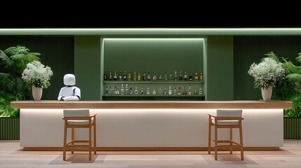 Robot Bartender Futuristic Green Bar Interior.