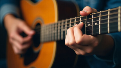 Fototapeta premium Close-up of Guitar in Musician’s Hands with Copy Space