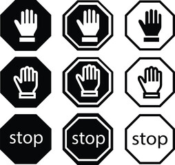 Stop sign with hand black flat and outline icons set. No entry and trespassing symbol. Attention, warning, danger and safety concept. Road sign vectors illustration isolated on transparent background.
