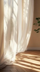 Sheer Curtain in Sunlight Interior Still Life Home Decor Warm Tones Minimalist Style Room with Wooden Floor and Plant