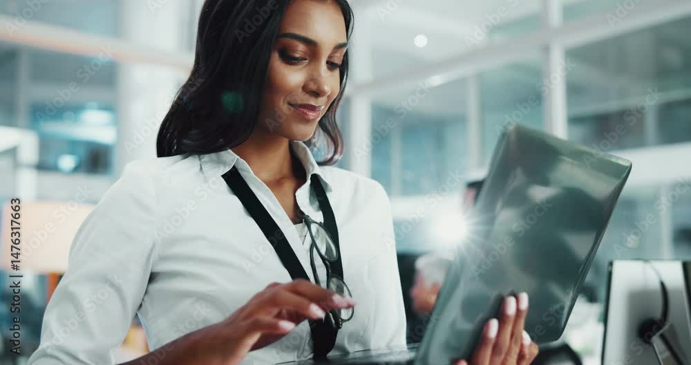 Poster Business, woman and typing on laptop in office for research, programming and software update. Person, online and testing for web development, problem solving and information on troubleshooting server