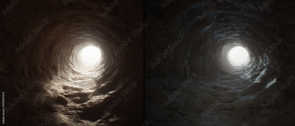 Aufkleber moody cave interior with light at the end of the tunnel; low angle view of rough rock texture in nat