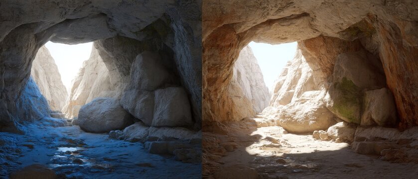 Two Cave Entrances with Contrasting Lighting and Textures Rock Formation Interior View