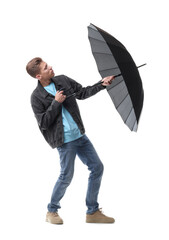 Man with black umbrella on white background