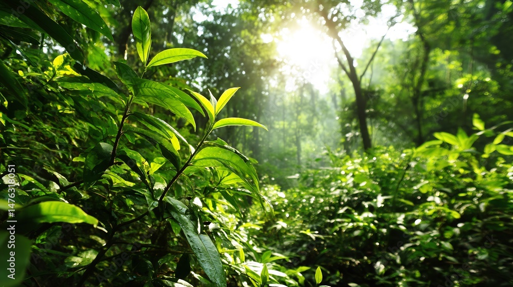 Poster lush green background with vibrant plants and sunlight filtering through the trees creating a serene