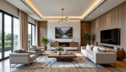 Fototapeta premium Modern and Stylish Living Room Interior with Nature Views and Elegant Design Elements