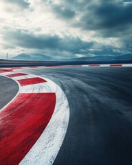 Race Track Curve with Red and White Curbing Under Dramatic Sky Angle Motorsport Circuit Asphalt