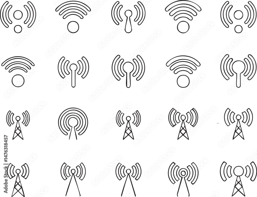 Poster collection of wireless signal icons in silhouette style, technology vector set for network interface
