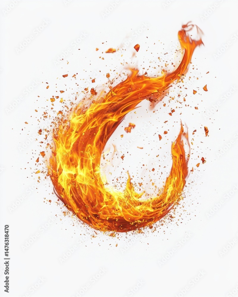 Poster fiery swirl on white background abstract fire element with sparks and embers dynamic motion close up