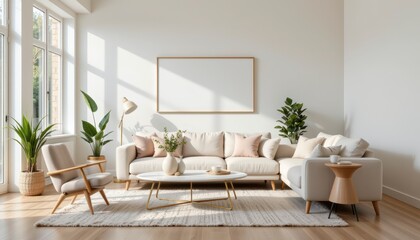 Modern Living Room with Cozy Sofa, Natural Light, Plants, and Minimalist Decor in Bright Interior Design