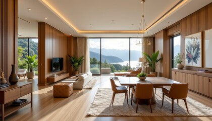 Fototapeta premium Modern interior of a luxurious living room with mountain view and natural light in contemporary design style