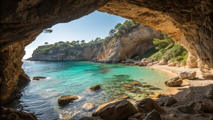 Fototapeta premium Stunning Turquoise Beach View Through a Cave Opening on a Sunny Day