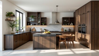 Modern Kitchen Design with Wooden Cabinets and Elegant Finishes in Bright Natural Light