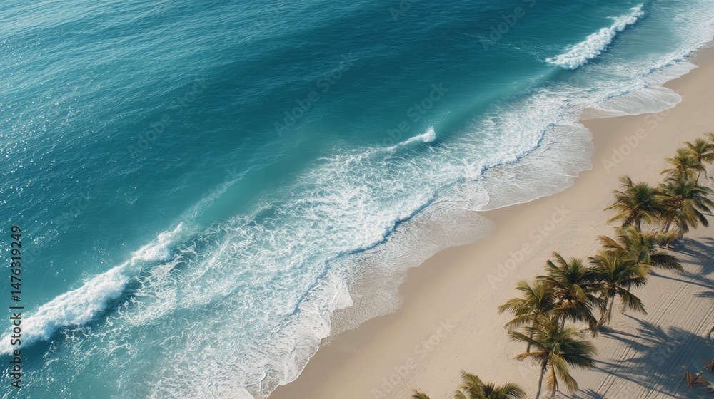 Poster turquoise waves gently lap at soft white sand, creating a tranquil atmosphere along the tropical coa