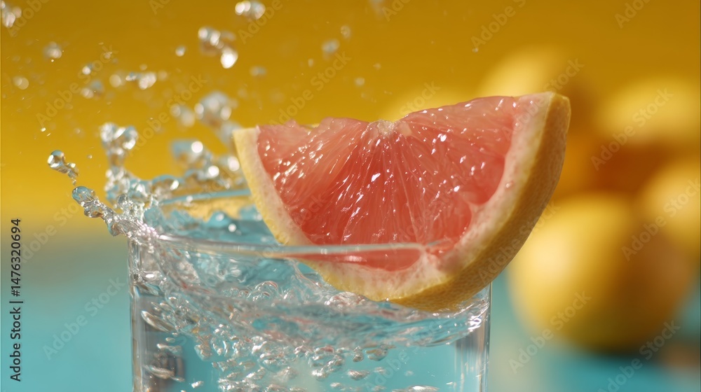 Aufkleber A dynamic display of a grapefruit slice plunging into sparkling water, creating a fun splash and bubbles, surrounded by a vibrant citrus-colored backdrop