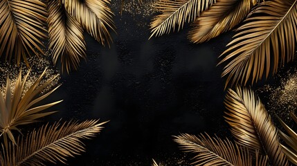 Gold palm leaves arranged in a frame on a dark background. © kirania