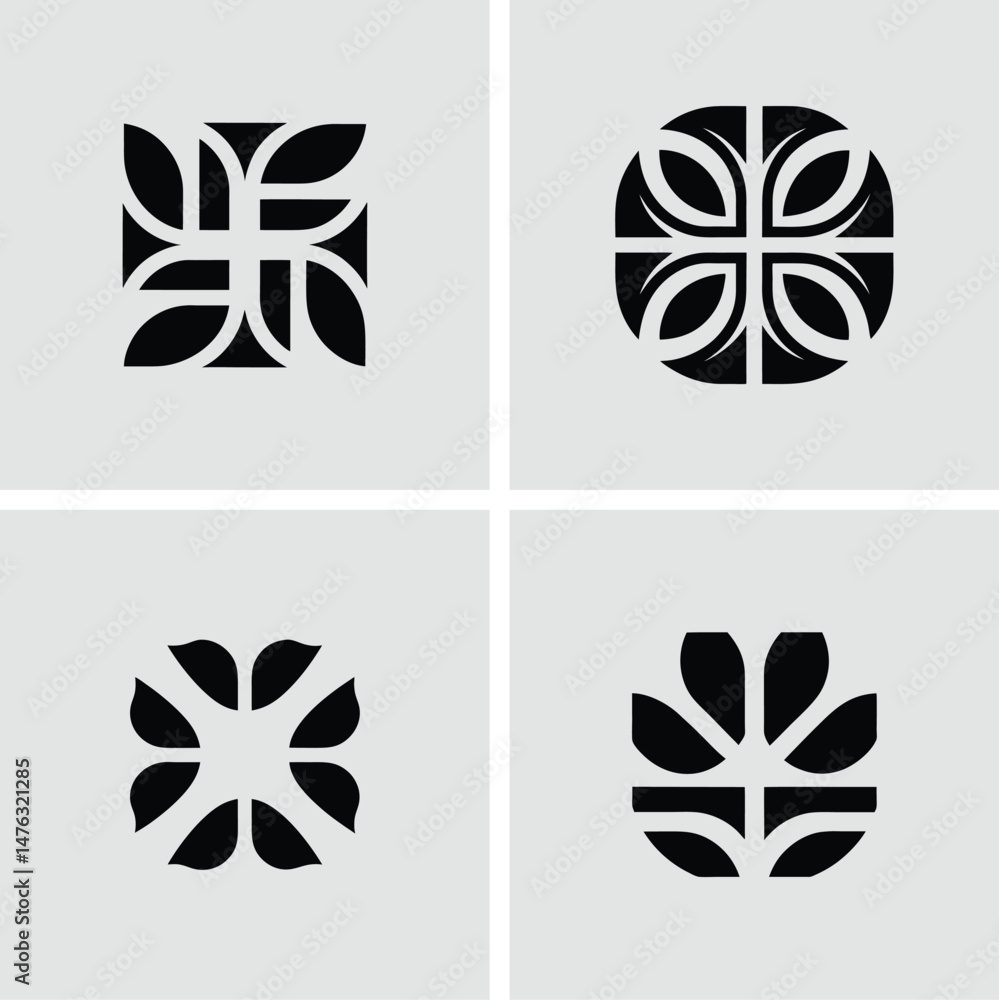 Poster minimalist geometric leaf-inspired designs in square and round formats on a light background