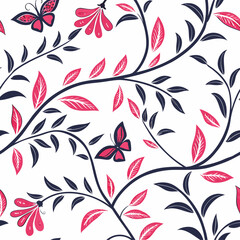 Elegant Pink and Navy Blue Floral Butterfly Seamless Pattern Vector for Fabric Design and Wallpaper Generative ai