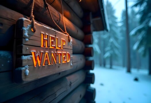 Help Wanted – Cabin Sign in Rustic Setting

