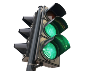 Detailed Close-Up View of a Green Traffic Light Signal on a Transparent Background