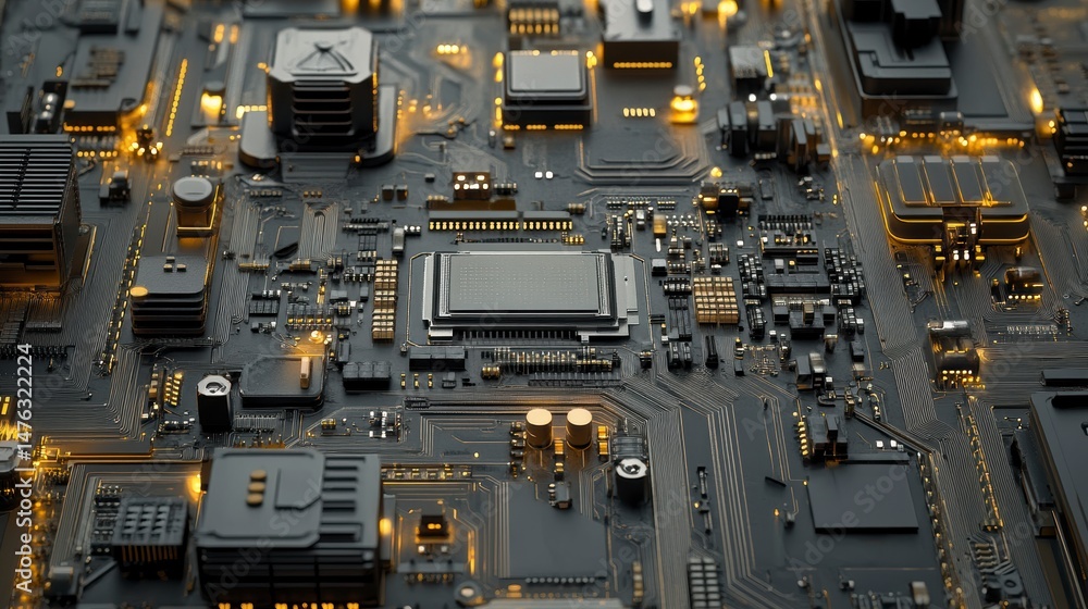 Aufkleber Close-up of a circuit board with a central processor, illuminated components, and intricate design.