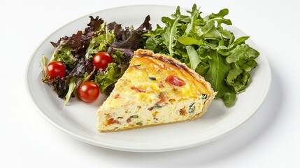 A slice of quiche served with a side salad on a white plate.