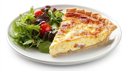 A slice of quiche served with a side salad on a white plate.