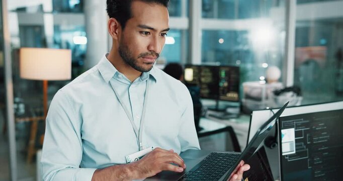 Laptop, man and programmer typing in office for software development, network or database update. Online, coding and backend developer with computer for AI design, creative website and test project