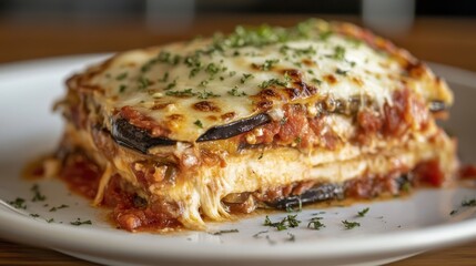 Two stacks of eggplant and tomato topped with melted cheese and herbs on a white plate.