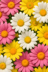 Fototapeta premium Close-Up of Vibrant Pink, White, and Yellow Daisies in Full Bloom with Soft Lighting and Sharp Detail