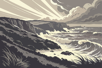 39 dramatic stormy ocean waves crashing against rocky cliffs at sunset, dramatic and cinematic lighting, moody and atmospheric, detailed dramatic sky with clouds and rays of light, painterly detailed 