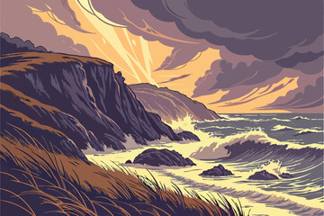 39 dramatic stormy ocean waves crashing against rocky cliffs at sunset, dramatic and cinematic lighting, moody and atmospheric, detailed dramatic sky with clouds and rays of light, painterly detailed 