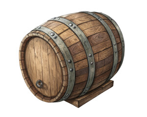 Fototapeta premium Vintage Wooden Barrel with Metal Bands on Stand for Rustic Interior Decoration