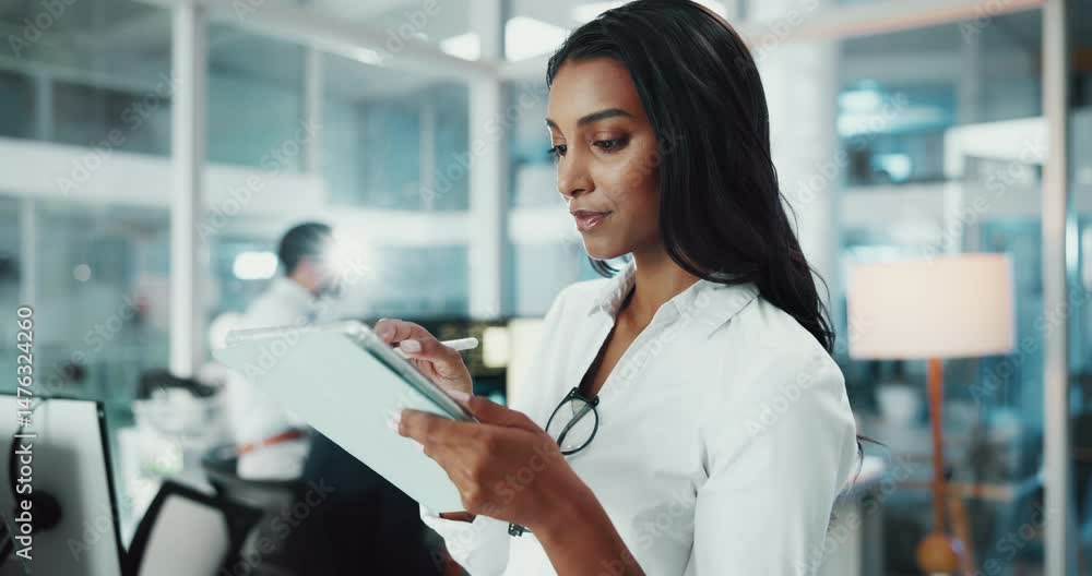 Fototapete Woman, developer and writing on tablet in office for research, programming and software update. Person, digital and app with web development, problem solving and information on troubleshooting server
