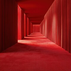 Red corridor perspective view with carpet and curtains in architectural interior design concept for hotel or event space