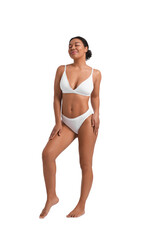 Fototapeta premium Woman in underwear with smooth skin after epilation procedure on white background