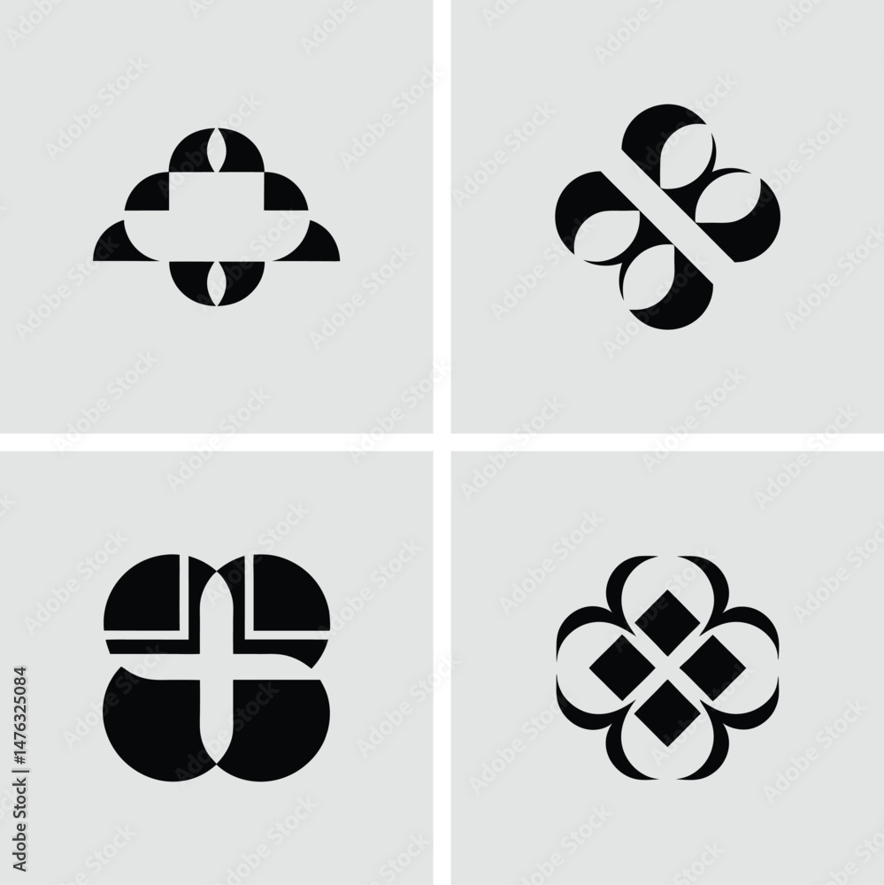 Poster abstract geometric shapes in a black and white minimalist design with four distinct styles